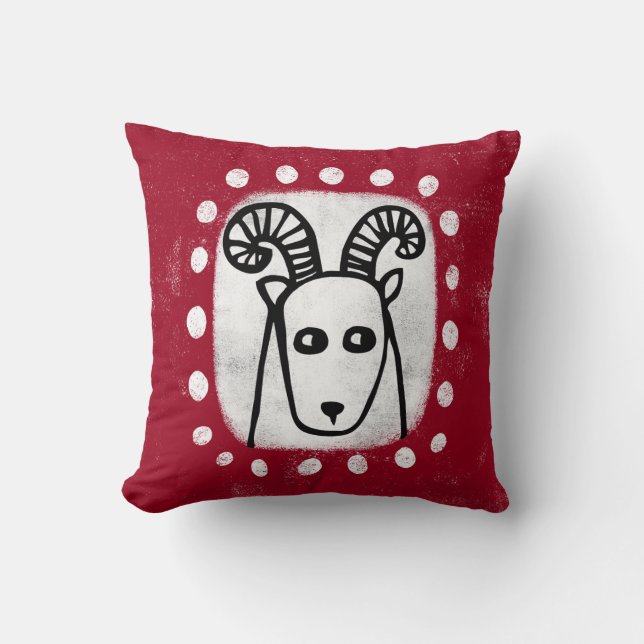 Funny Sheep Ram auf Red Throw Kissen (Vorderseite)