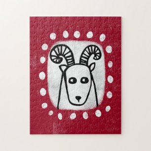 Funny Sheep Ram On Red Jigsaw Puzzle