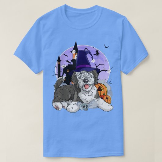 Funny Sheepadoodle Dog Halloween Hexenkürbis T-Shirt (Design vorne)