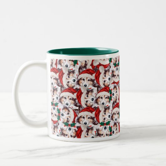 Funny Sheltie Christmas Pattern Zweifarbige Tasse (Links)