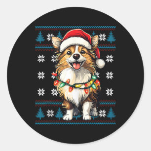 Funny Sheltie Santa Xmas Tree Lights Sheltie Ugly Runder Aufkleber