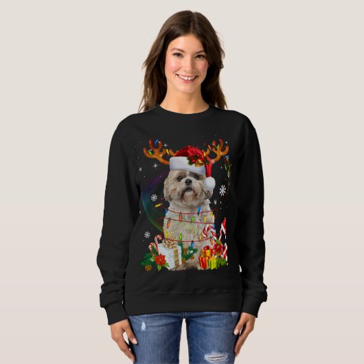 Funny Shih Tzu Christmas Reindeer Weihnachtslicht Sweatshirt (Vorne ganz)