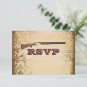 Funny Shotgun Wedding Brown Damask RSVP Cards (Stehend Vorderseite)