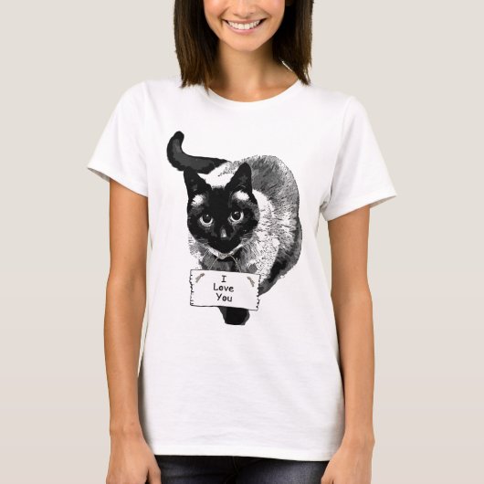 Funny Siamese Cat Holding, "I Liebe You" Unterschr T-Shirt (Vorderseite)