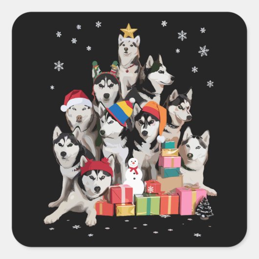Funny Siberian Husky Christmas Tree Pet Dog Lover Quadratischer Aufkleber (Vorderseite)