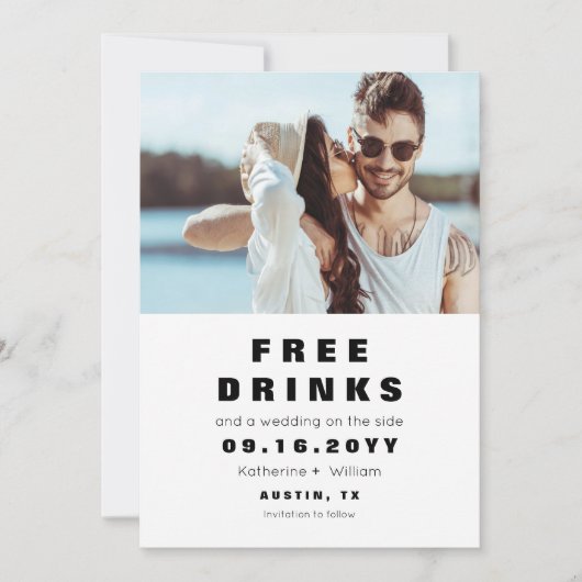 Funny Simple Free Drinks Foto Save the Date Karte (Vorderseite)