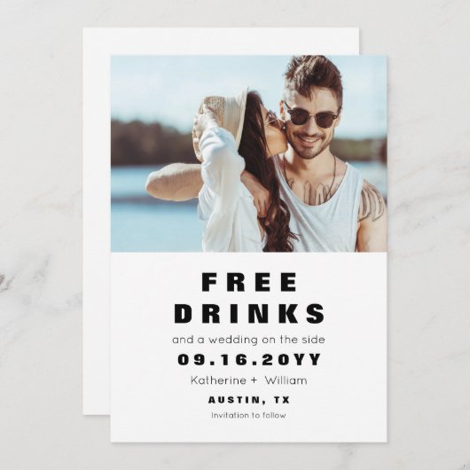 Funny Simple Free Drinks Foto Save the Date Karte (Vorne/Hinten)