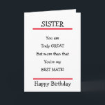 Funny Sister Best Mate Verse Birthday Card Karte<br><div class="desc">Liebliche Geburtstagskarte,  um Ihre Schwester mit einem schönen Vers zu schicken.</div>