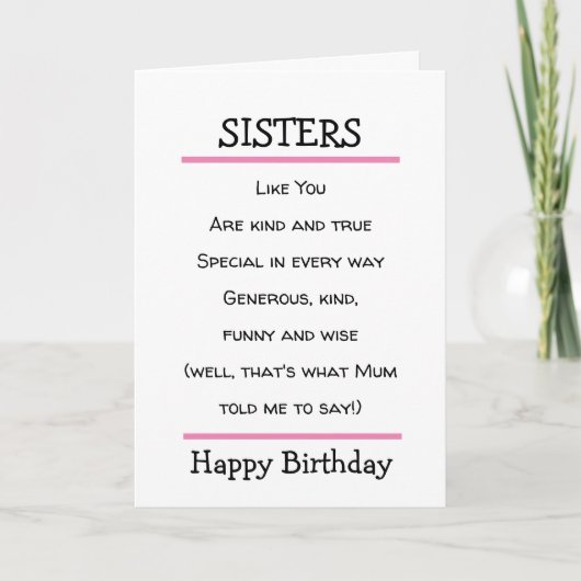 Funny Sisters Cheeky Gedicht Birthday Card Karte (Vorderseite)
