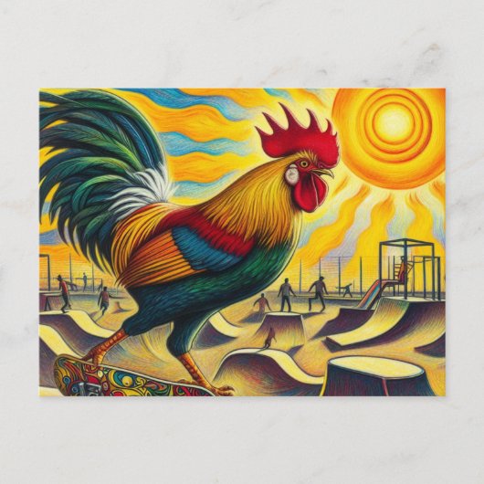 Funny Skateboarding Rooster Postkarte (Vorderseite)