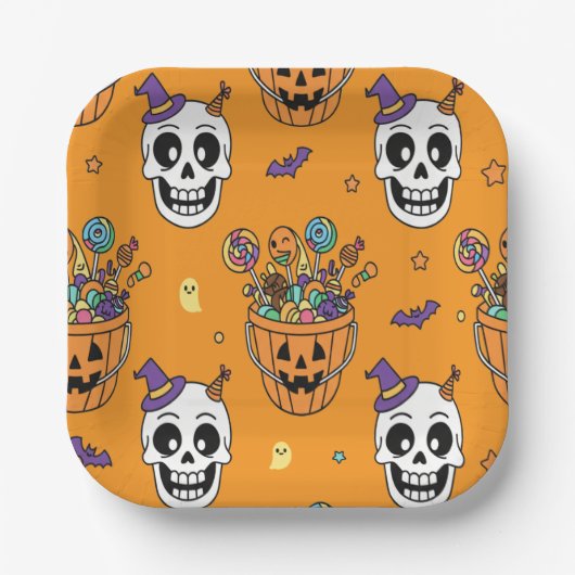 Funny Skeleton And Candy For Halloween Pappteller (Vorderseite)