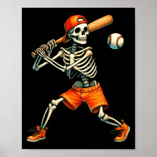Funny Skeleton Batting Baseball Halloween Boys Men Poster (Vorne)