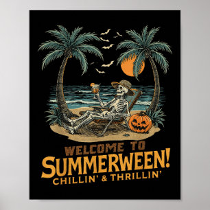 Funny Skeleton Beach Sunset Spooky Urlaub Hallow Poster