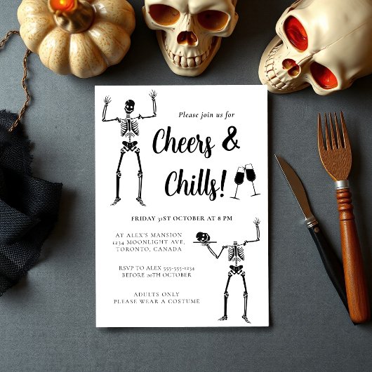 Funny Skeleton Black & White Halloween-Party Einladung