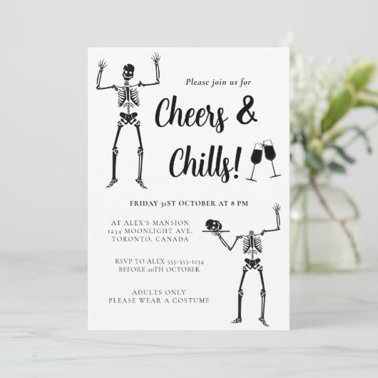 Funny Skeleton Black & White Halloween-Party Einladung (Stehend Vorderseite)