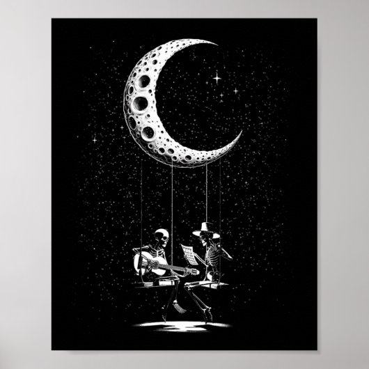 Funny Skeleton Couple Moon Playing Gitarre Hallowe Poster (Vorne)