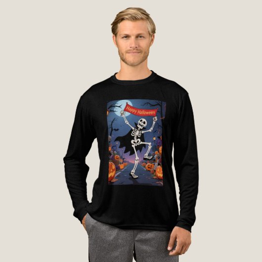 Funny Skeleton Dancing with "Happy Halloween" Bann Tri-Blend Shirt (Volle Vorderseite)