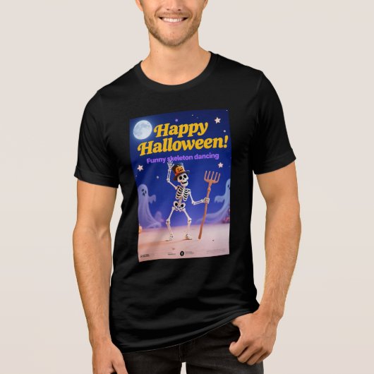 Funny Skeleton Dancing with "Happy Halloween" Bann Tri-Blend Shirt (Vorderseite)