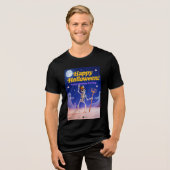 Funny Skeleton Dancing with "Happy Halloween" Bann Tri-Blend Shirt (Vorderseite voll)