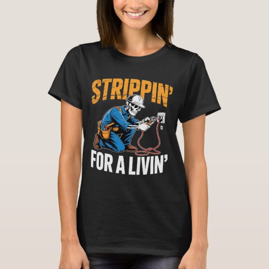 Funny Skeleton Electrician N For A Livin Long Slee T-Shirt (Vorderseite)