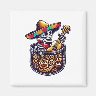 Funny Skeleton Mariachi Guitar Pocket Cinco De May Magnet