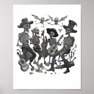 Funny Skeleton Skull Dancing Singen Rock Music Ba Poster