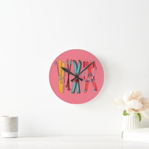 Funny Ski Colorful Ski Skier Runde Wanduhr