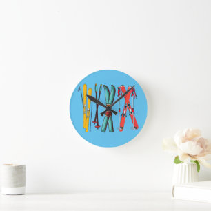 Funny Ski Colorful Ski Skier Runde Wanduhr