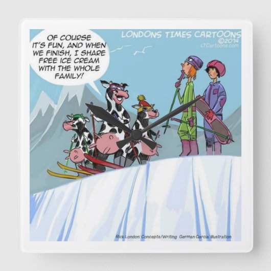 Funny Ski Cows Wall Clock Quadratische Wanduhr (Vorderseite)