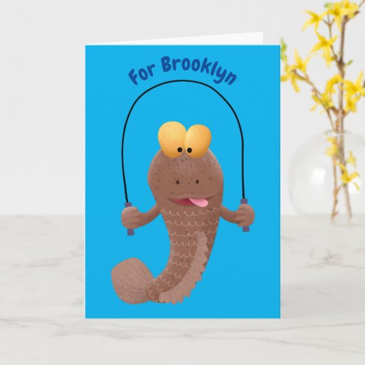 Funny skipper mudskipper fish Cartoon Karte (Gelbe Blume)