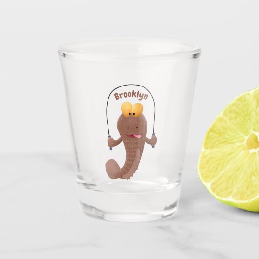 Funny skipping mudskipper fish cartoon schnapsglas (Vorderseite)