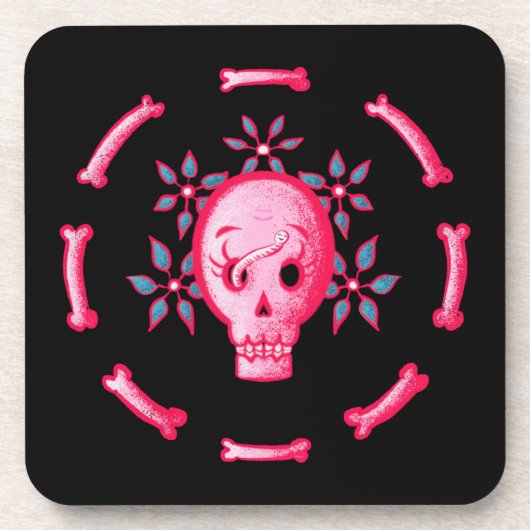 Funny Skull Design - Pink Skull mit Happy Worm Getränkeuntersetzer (Vorderseite)