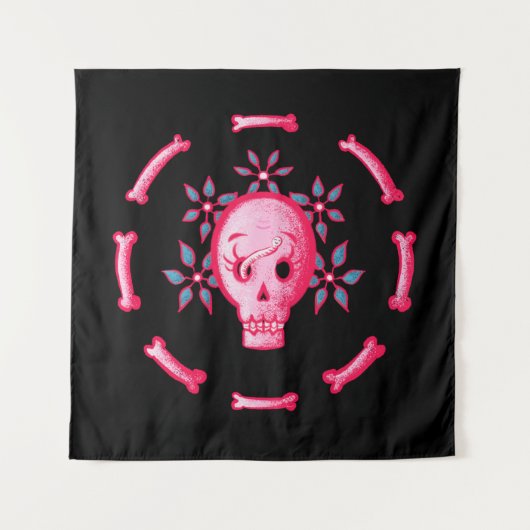 Funny Skull Design - Pink Skull mit Happy Worm Wandteppich (Vorderseite)