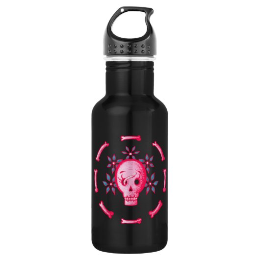 Funny Skull Pink Halloween Whimsigoth Edelstahlflasche (Vorderseite)