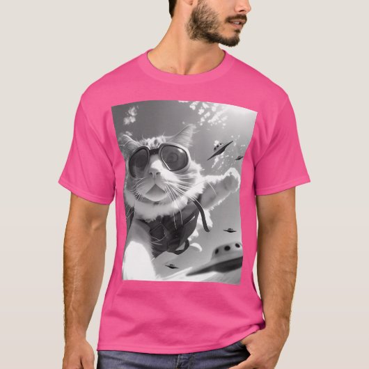 Funny Skydiving Cat Selfie mit Alien Ufos T-Shirt (Vorderseite)