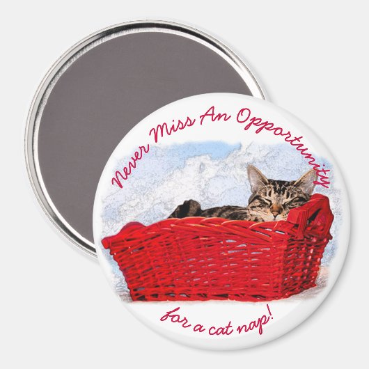 Funny Sleeping Kitten in Red Basket Custom Foto Magnet (Vorderseite/Rückseite)