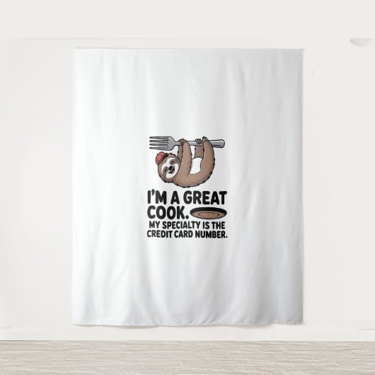 Funny Sloth Cook Hängt auf einer Gabel Wandteppich (Vorderseite)