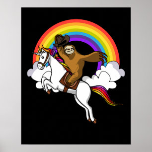 Funny Sloth Cowboy Riding Magical Unicorn Regenbog Poster