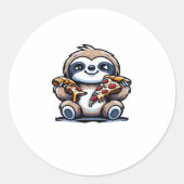 Funny Sloth frisst Pizza, Kawaii Animal drüben Runder Aufkleber (Vorderseite)