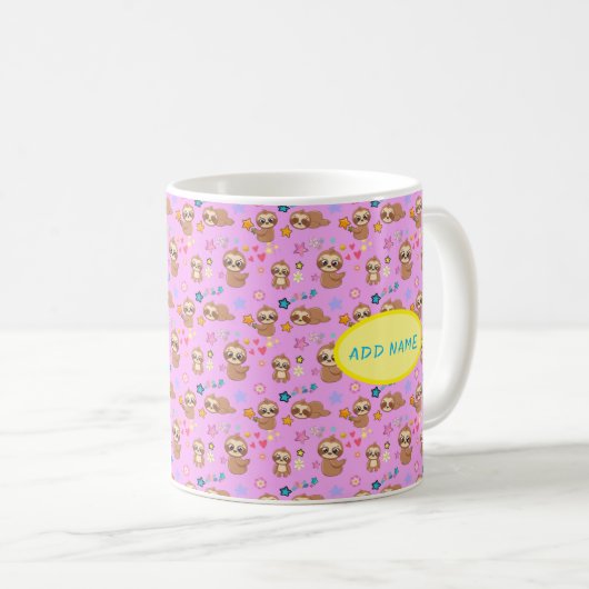 Funny Sloth Hearts Blumenrosa Muster | Name hinzuf Kaffeetasse (VorderseiteRechts)