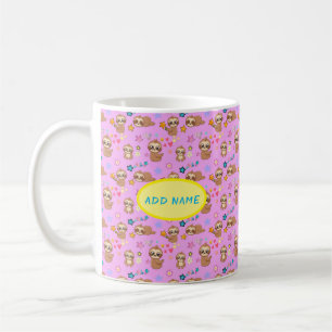 Funny Sloth Hearts Blumenrosa Muster   Name hinzuf Kaffeetasse