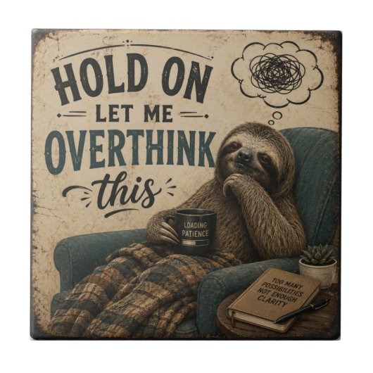 Funny Sloth Hold On Let Me Overthink This | Rustic Fliese (Vorderseite)