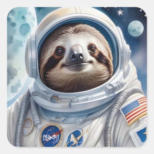 Funny Sloth im Astronauten Anzug im Weltraum Quadratischer Aufkleber (Vorderseite)