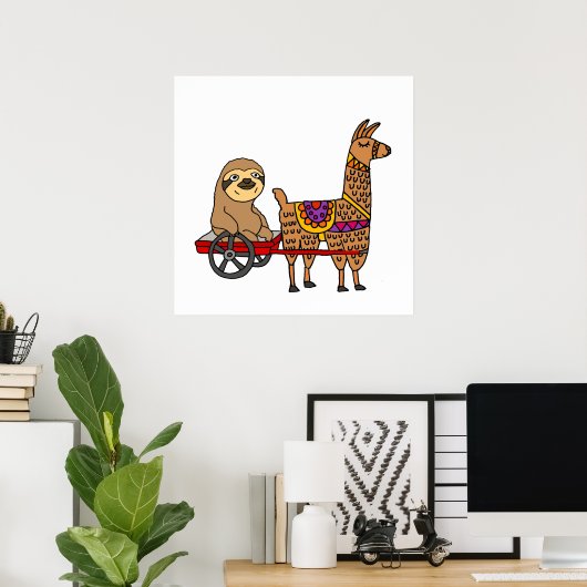 Funny Sloth in Red Wagon gepulst von Llama Poster (Heimbüro)