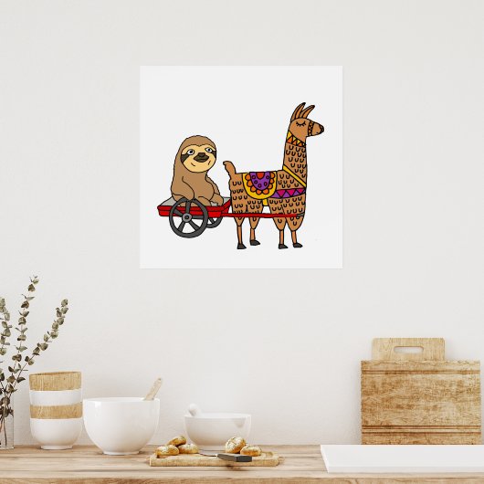 Funny Sloth in Red Wagon gepulst von Llama Poster (Küche)
