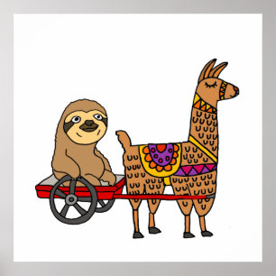 Funny Sloth in Red Wagon gepulst von Llama Poster