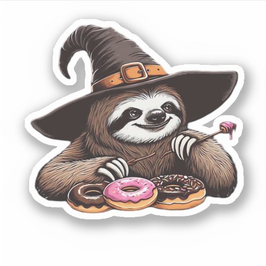 Funny Sloth in Witch Hat geniessen Donuts - Niedli Aufkleber (Vorderseite)