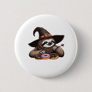 Funny Sloth in Witch Hat geniessen Donuts - Niedli Button