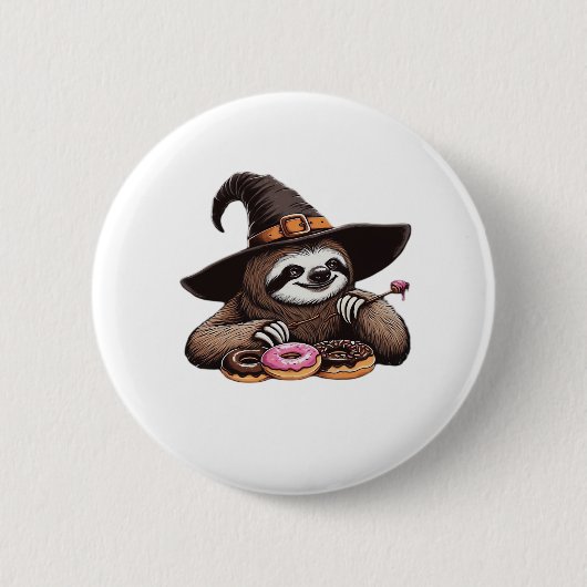 Funny Sloth in Witch Hat geniessen Donuts - Niedli Button (Vorderseite)