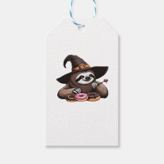 Funny Sloth in Witch Hat geniessen Donuts - Niedli Geschenkanhänger (Vorderseite)